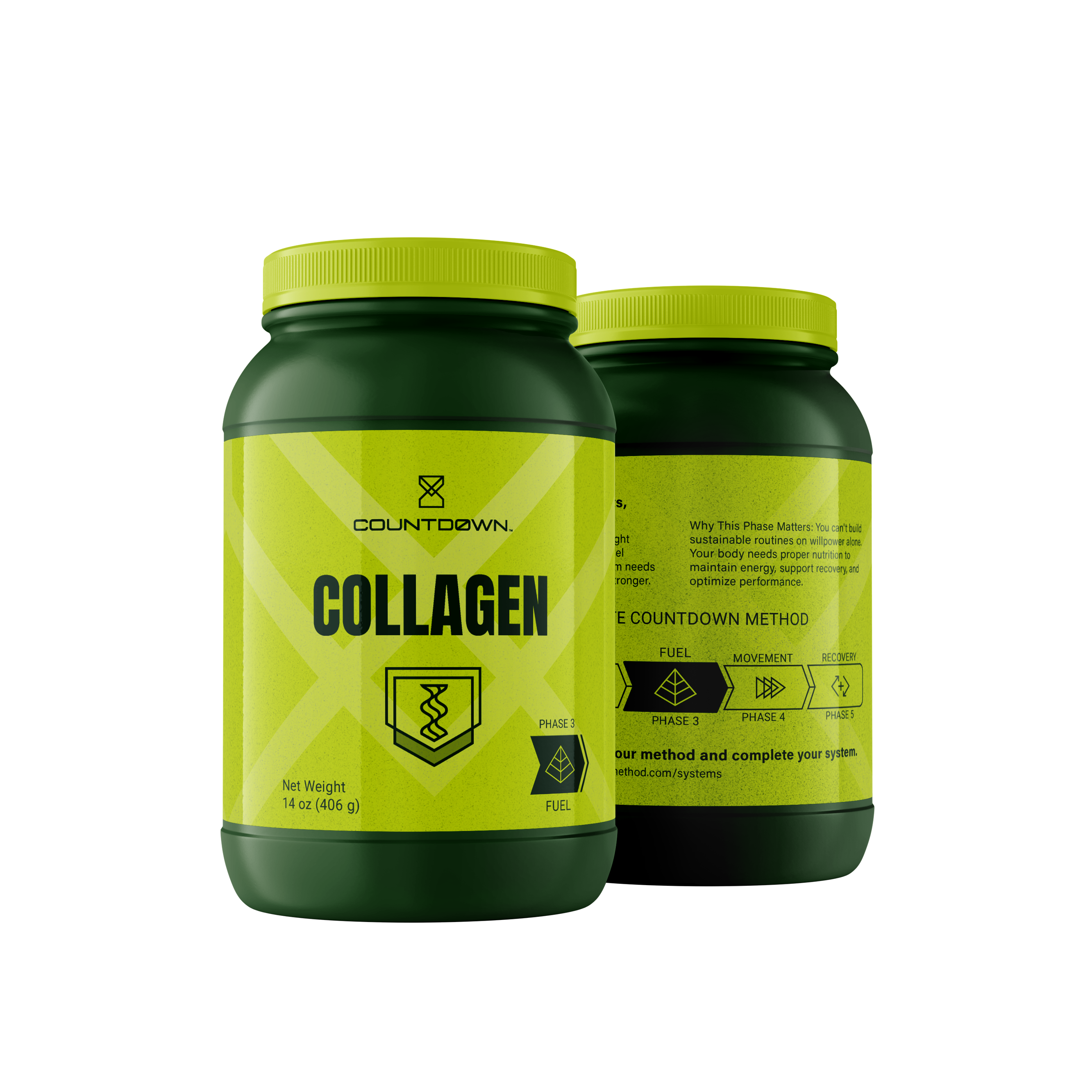 Two containers of Countdown Collagen on a white background