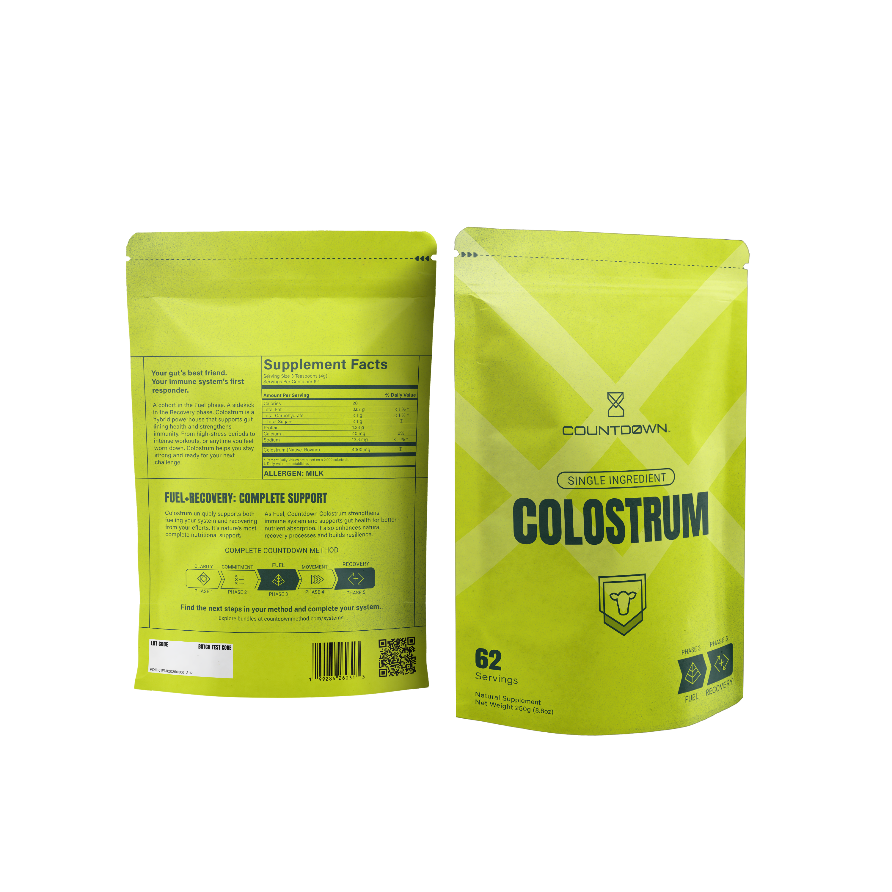Two green packages of Countdown Colostrum on a white background