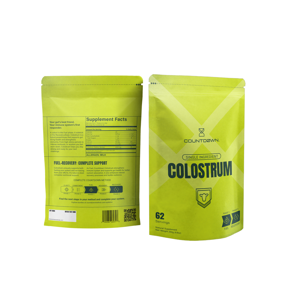 Two green packages of Countdown Colostrum on a white background