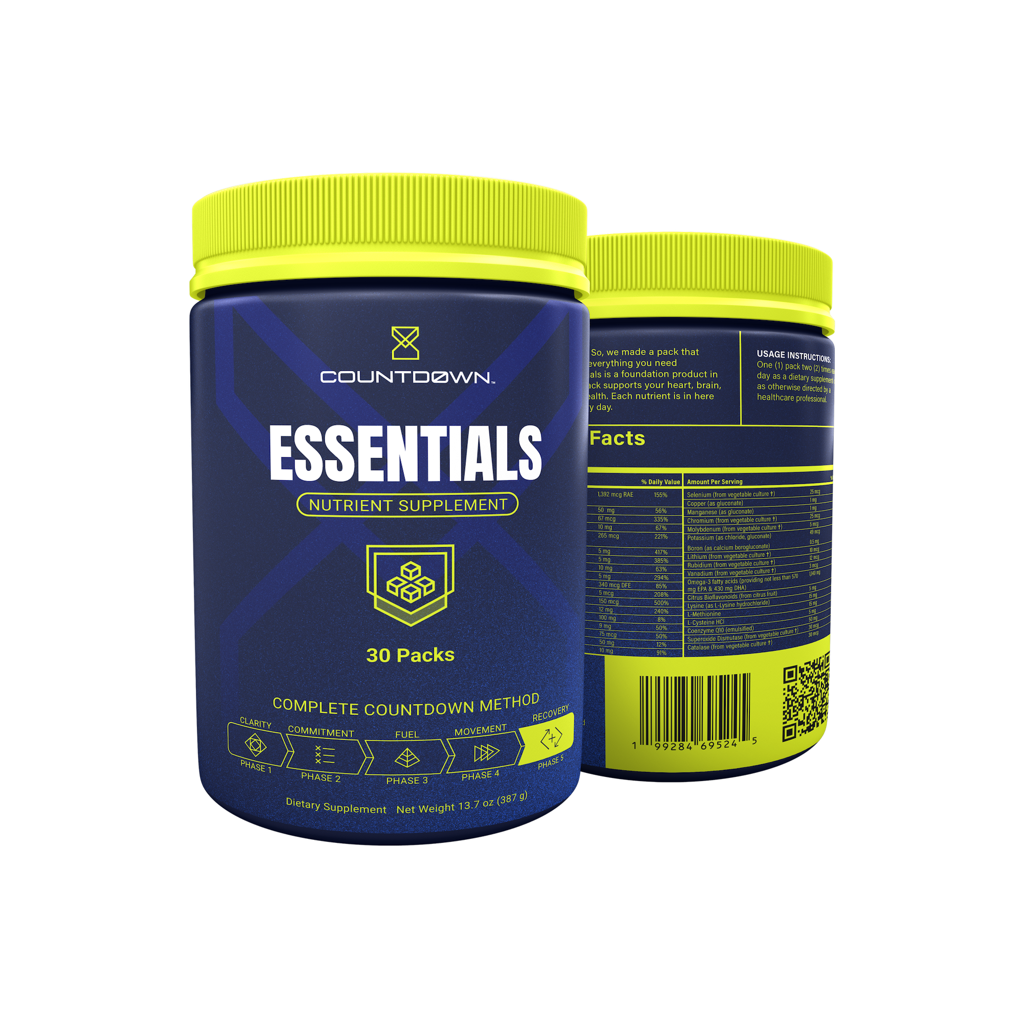 Supplement container with yellow lid and blue body labeled 'Essentials' on a white background