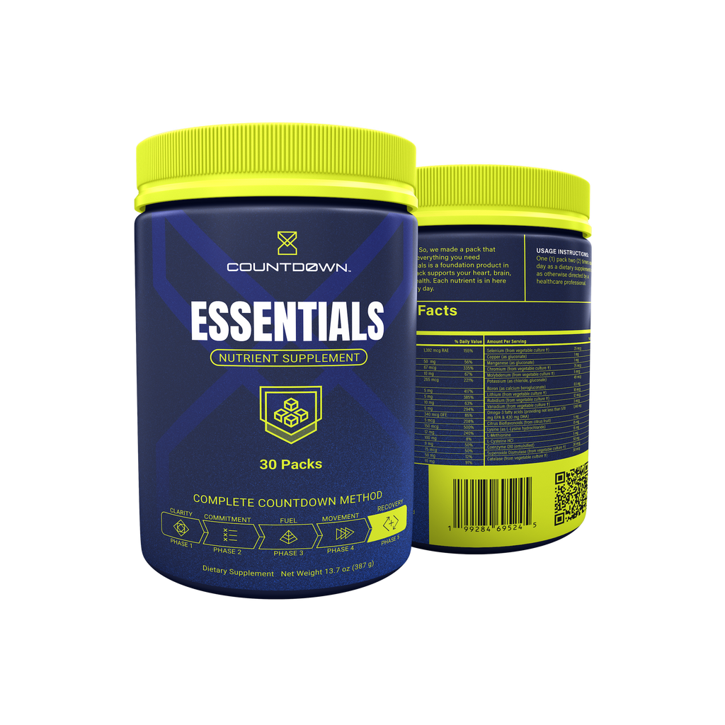 Supplement container with yellow lid and blue body labeled 'Essentials' on a white background