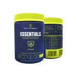 Supplement container with yellow lid and blue body labeled 'Essentials' on a white background