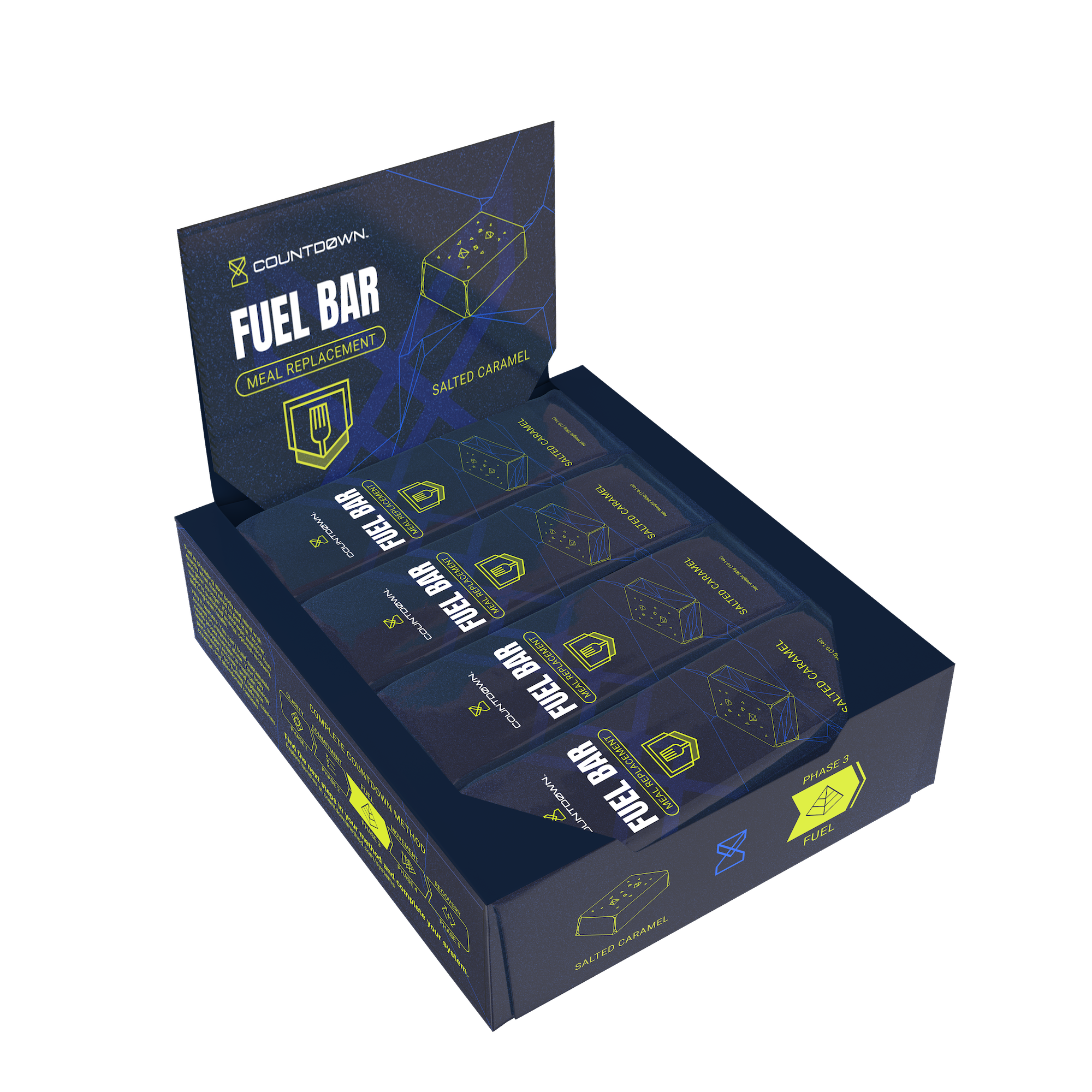 Display box of Countdown Fuel Bars with blue and yellow design
