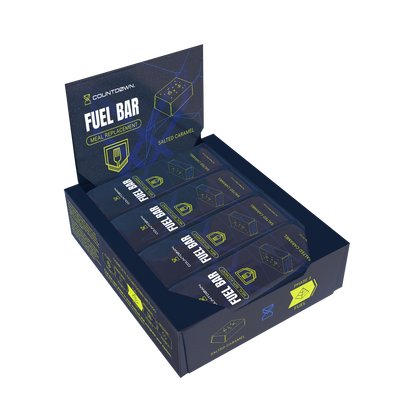 Display box of Countdown Fuel Bars with blue and yellow design