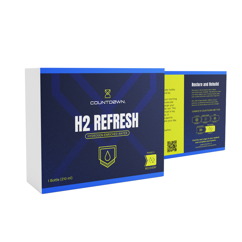 Box of Countdown H2 Refresh hydrogen enriched water on a white background