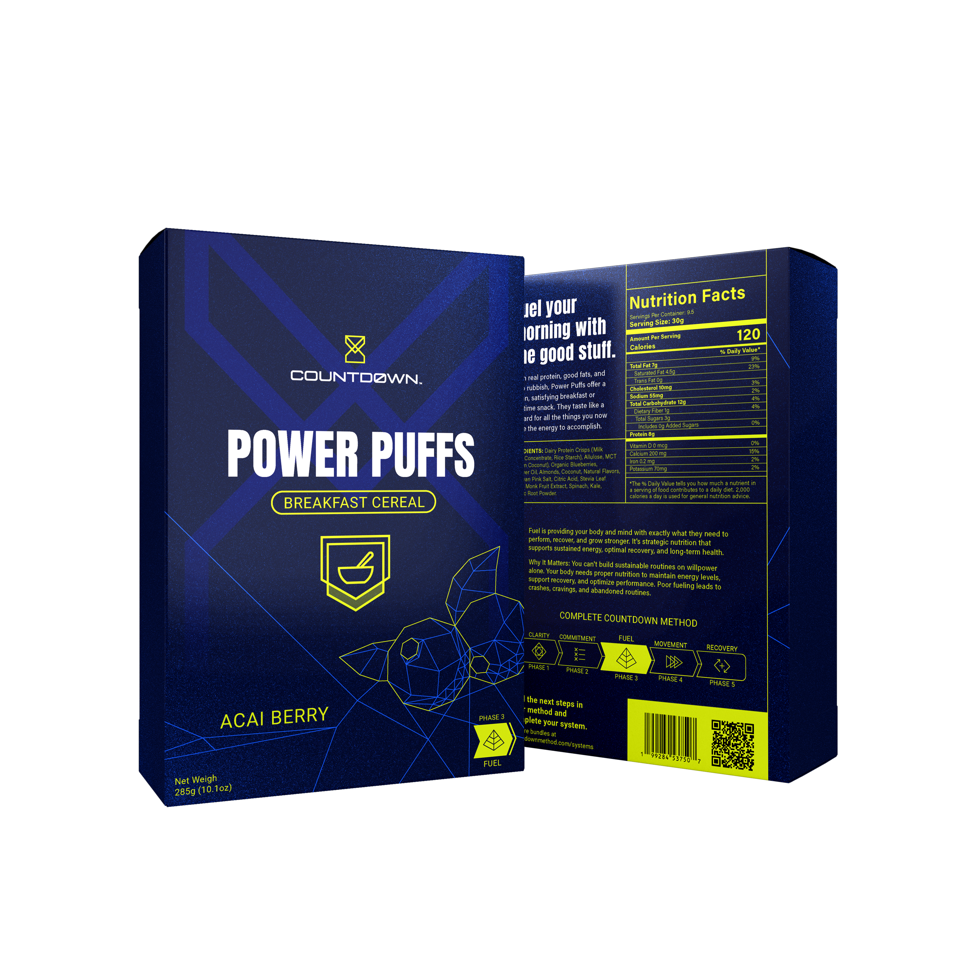 Box of Countdown Power Puffs Acai Berry breakfast cereal with blue and yellow design.