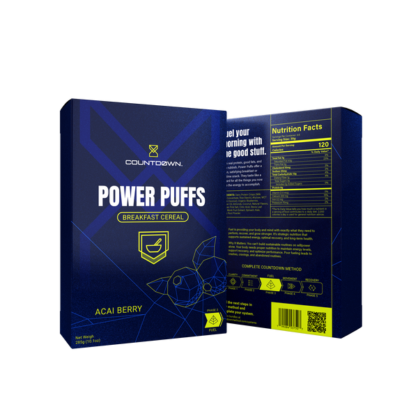 Box of Countdown Power Puffs Acai Berry breakfast cereal with blue and yellow design.