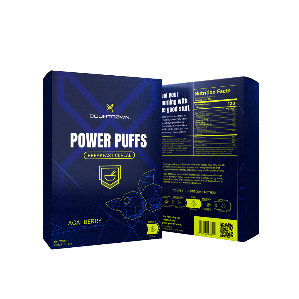 Box of Countdown Power Puffs Acai Berry breakfast cereal with blue and yellow design.