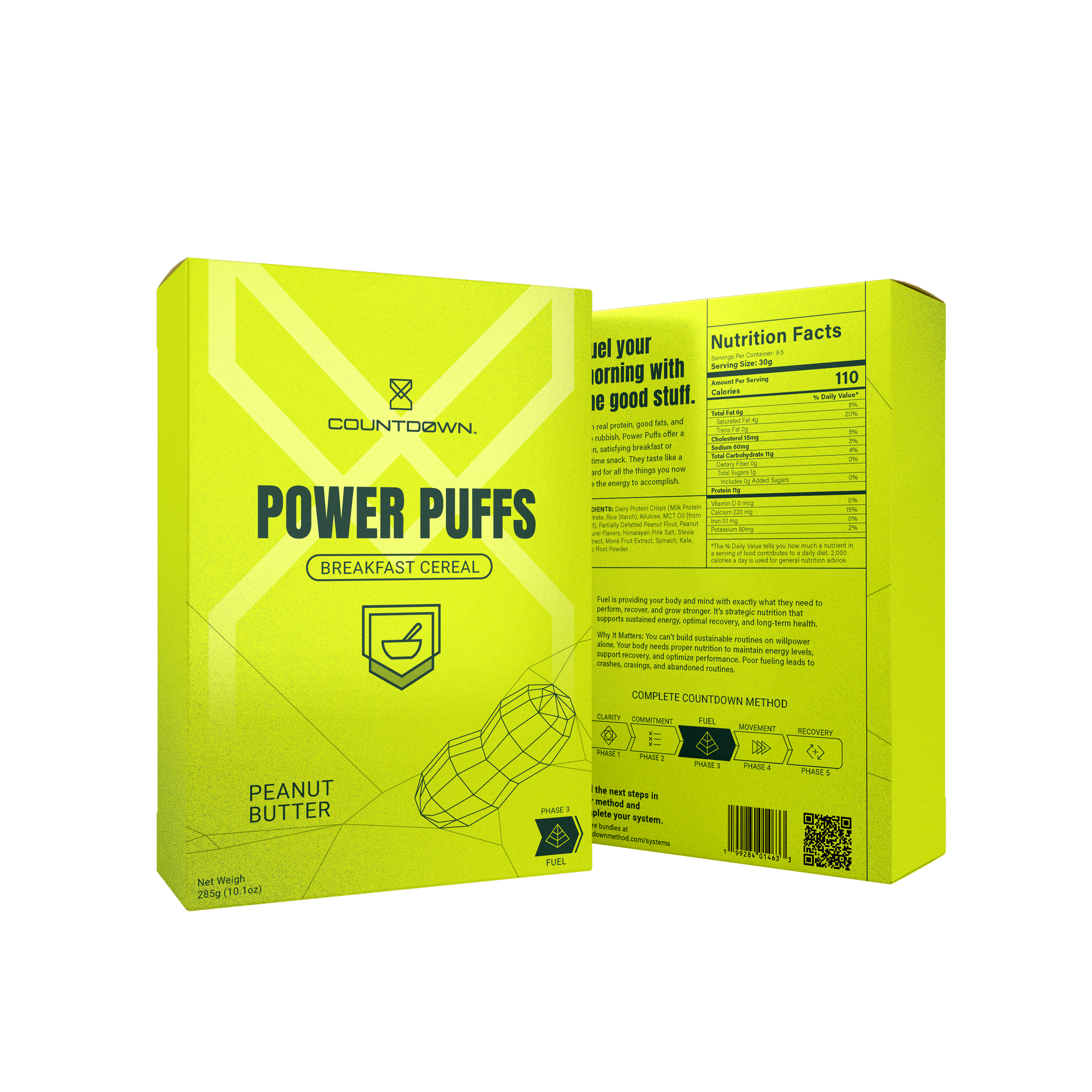 Yellow cereal box labeled 'Power Puffs' with nutritional information on a white background. Peanut Butter flavor