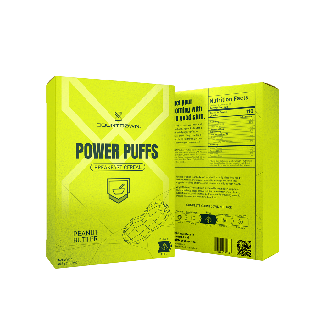 Yellow cereal box labeled 'Power Puffs' with nutritional information on a white background. Peanut Butter flavor