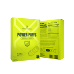 Yellow cereal box labeled 'Power Puffs' with nutritional information on a white background. Peanut Butter flavor