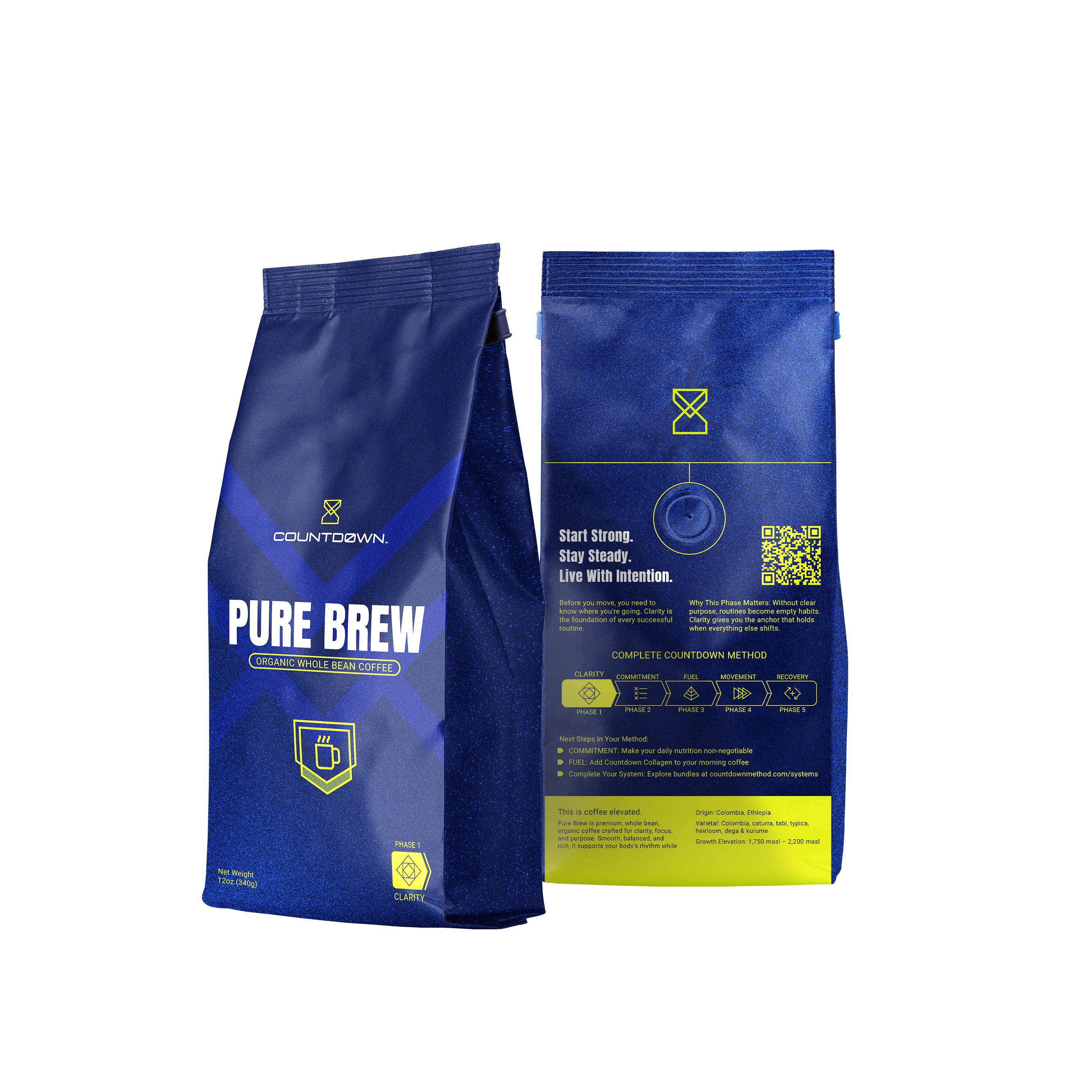 Blue 'Pure Brew' package with yellow text on a white background. Organic Coffee