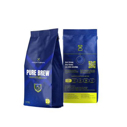 Blue 'Pure Brew' package with yellow text on a white background. Organic Coffee