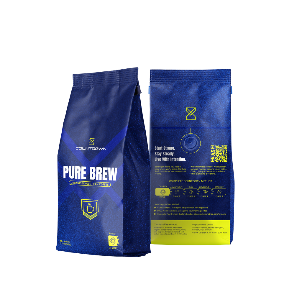 Blue 'Pure Brew' package with yellow text on a white background. Organic Coffee