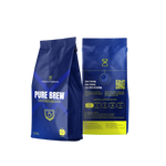 Blue 'Pure Brew' package with yellow text on a white background. Organic Coffee