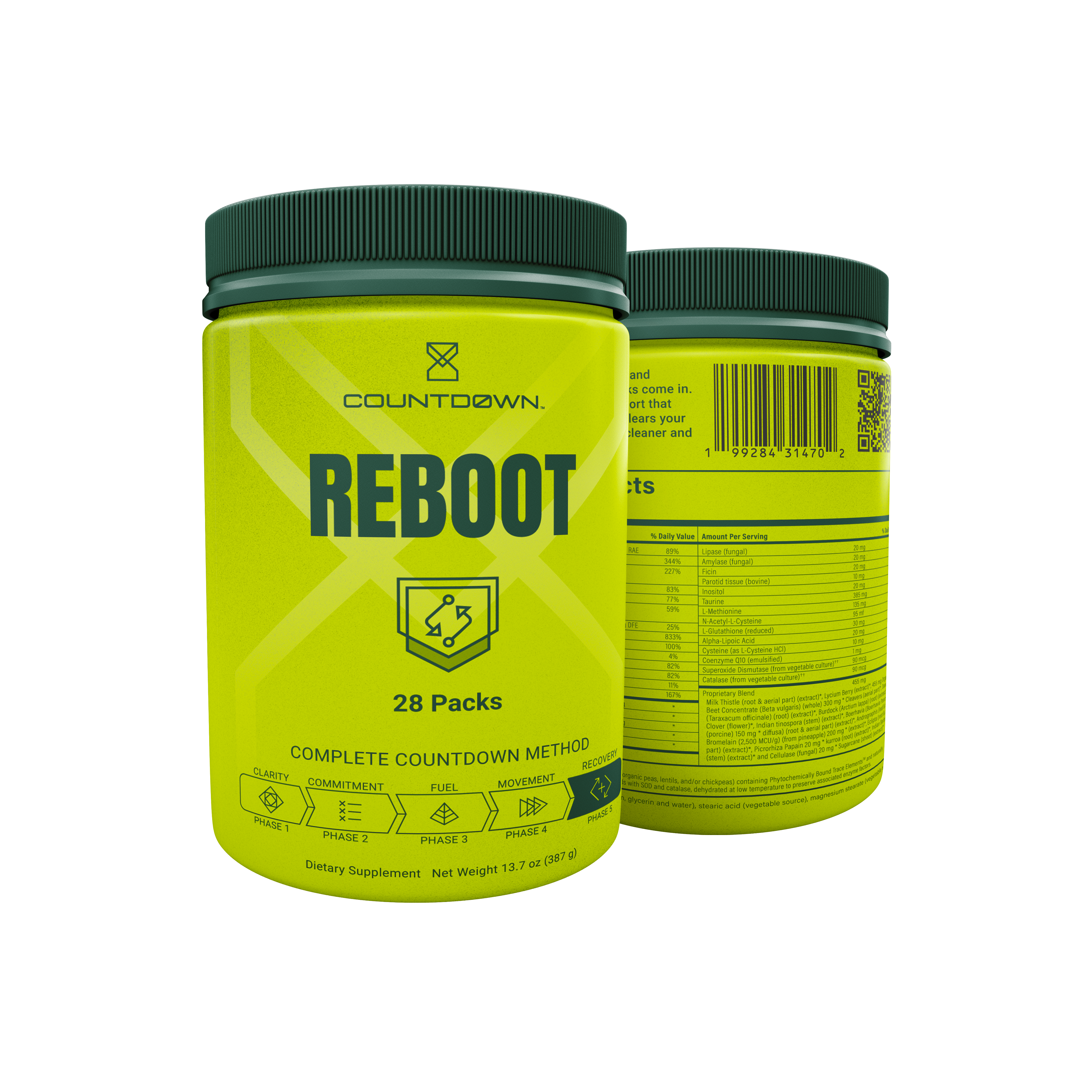 Yellow supplement container labeled 'Reboot' with black lid on a white background