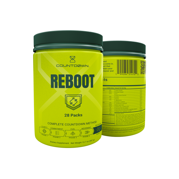 Yellow supplement container labeled 'Reboot' with black lid on a white background