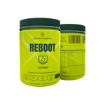 Yellow supplement container labeled 'Reboot' with black lid on a white background